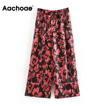 

Floral Print Wide Leg Pants Women Fashion Elastic Waist Bow Tie Loose Trousers Lady Long Length Casual Bottoms Pantalon Femme