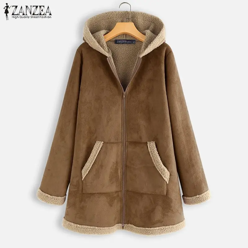 remarkable  2019 Plus Size ZANZEA Winter Zipper Fleece Jackets Women Vintage Solid Hooded Long Sleeve Warm Coat