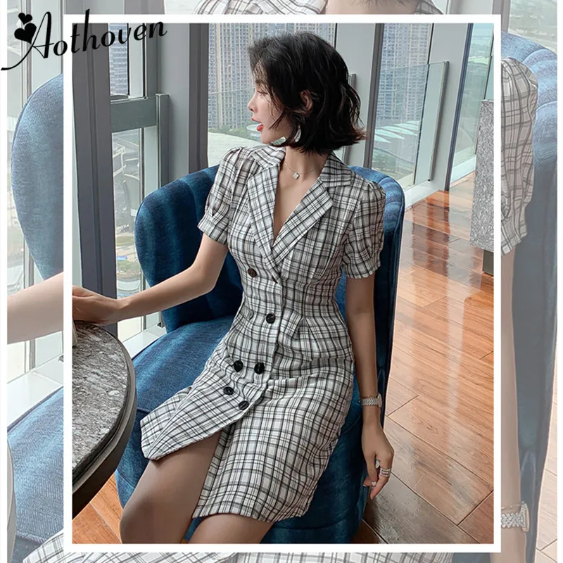 

2019 Summer Women OL Work Office Dress Notched Collar Short Sleeve Plaid Dress Bodycon Wrap Dress Party Elegant Women Dresses