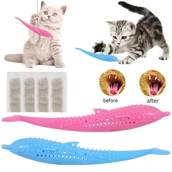 

2 Pcs Silicone Fish Shape Cat Toothbrush Teething Toy with Catnip Teeth Cleaning Brush Interactive Chew Toys Pink + Blue