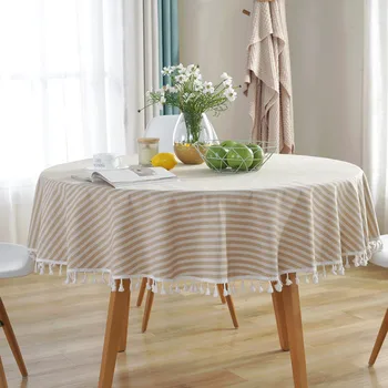 

Beige Striped Modern Simple Tablecloth With Elegant Tassel Coffee Table Cloth Dustproof Covers Cottin Linen Tablecloths Mat 1PC