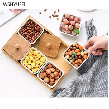 

Ceramic gridded sauce snacks gridded bamboo nut plate creative covered dessert plate candy storage box kitchen supplies