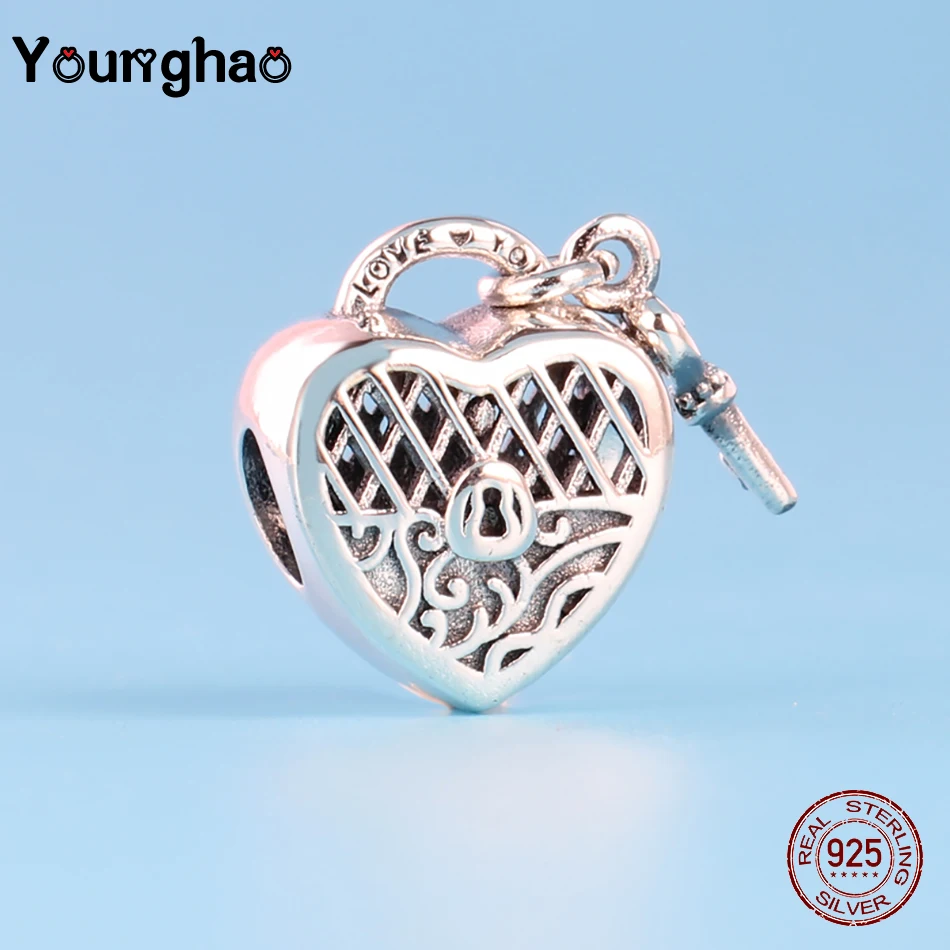 Younghao подлинные 100% 925 пробы серебряные бусины в форме сердца и ключа для