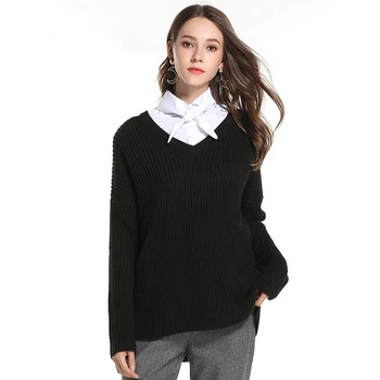 

Lucyever Ladies Big Size Gray Pullover Fall 2019 Knitted Sweater Women Winter V Neck Long Sleeve Solid black Jumper Mujer Casual