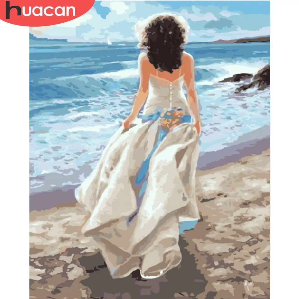 

HUACAN Oil Painting Sea Girl Kits Drawing Canvas HandPainted DIY Pictures By Numbers Portrait Home Decoration Gift Art