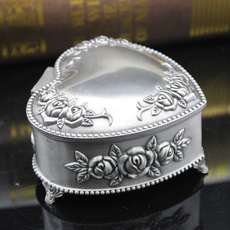 Classic Vintage Heart Shape Metal Rose Jewelry Box Ring Trinket Storage Organizer Chest Christmas Brithday Gift