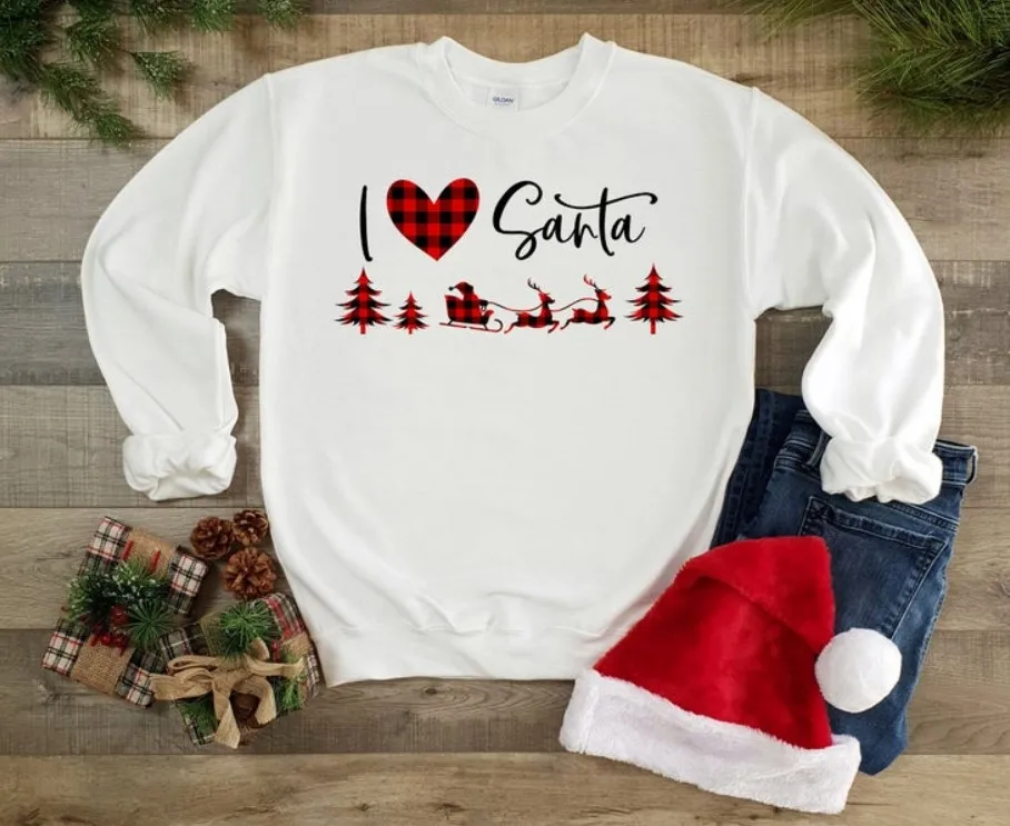 white Рождественский свитер с надписью «I LOVE Santa»; Модные Цветные толстовки с графическим принтом «Merry Christmas»; клетчатый свитер с Санта-Клаусом и оленем; винтажный джемпер с круглым вырезом - Цвет: white