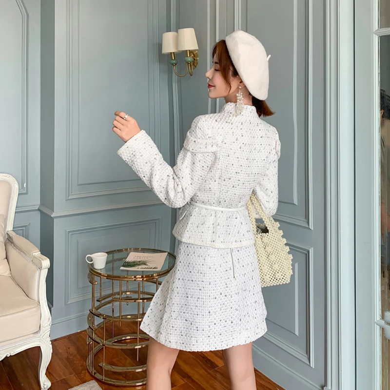 Autumn Winter Women Elegant Tweed Two Piece Set White Wool Belted Pearls Jacket Cropped Coat+ Pleated Mini Skirt Suits Set