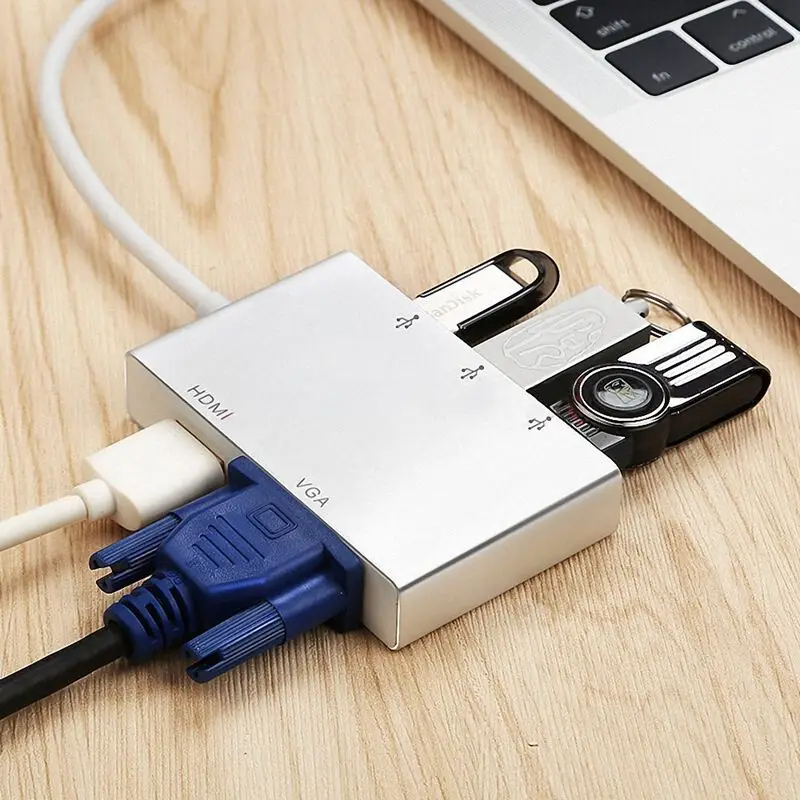 USB C к HDMI VGA 2K 4K адаптер, Тип C к HDMI VGA 3 USB3.0 концентратор, портативный преобразователь адаптер для 2017 MacBook Pro/samsung Galaxy