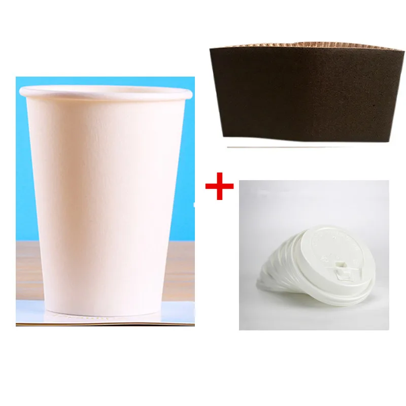 cup lid sleeves 50 шт белый кофе бумажный стаканчик 250 мл 400 мл 500 мл вечерние одноразовые холодный горячий напиток на вынос упаковочные стаканчики с крышкой и рукавами - Цвет: cup lid sleeves