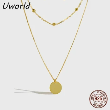 

Double Layered 18K Gold Plated 925 Sterling Sliver Necklace Spacer Beads Round Disc Pendant layered Choler Necklace