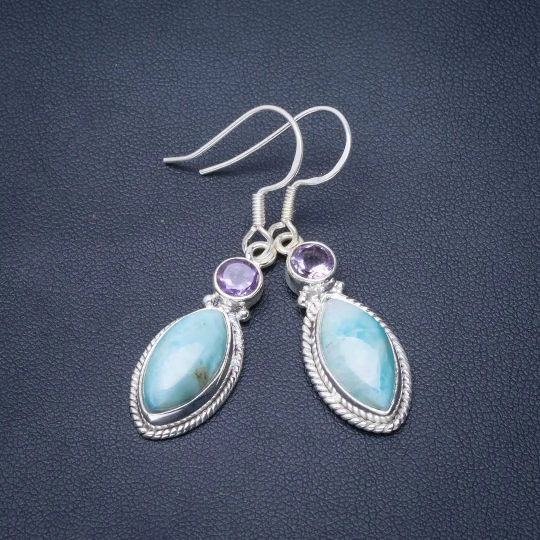 

Natural Caribbean Larimar and Amethyst Handmade Unique 925 Sterling Silver Earrings 1.75" B2116