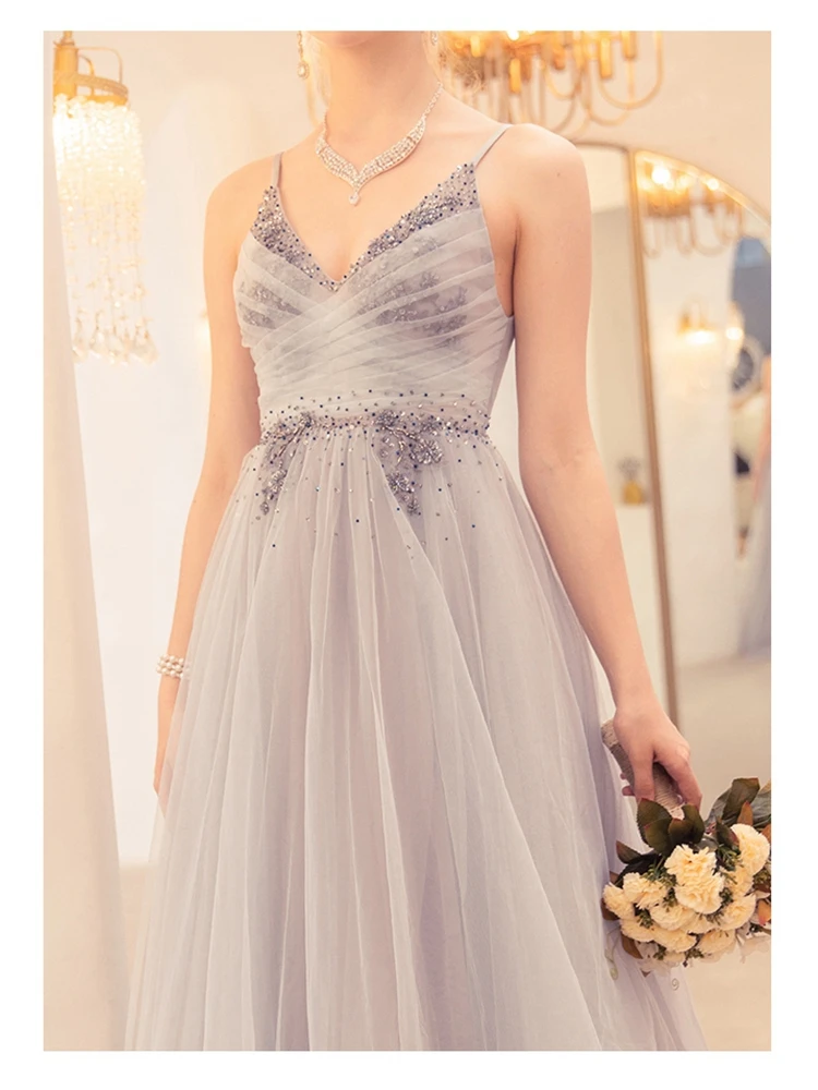 Diamond V-collar light blue Bride Wedding Toast dinner party gown