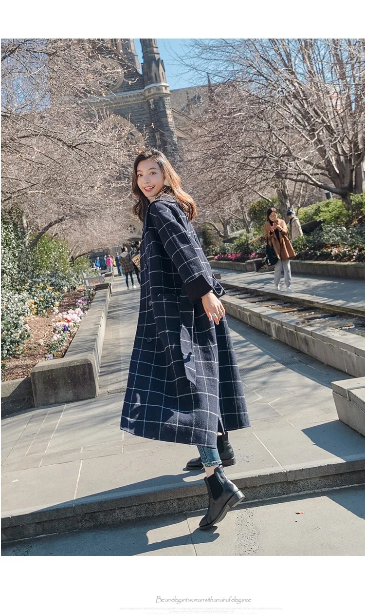 Фотосессия INS большой отворот контрастный цвет клетчатый шерстяное пальто Женская корейский стиль элегантный Ol Талия обнимает на шнуровке удлиненный Duff