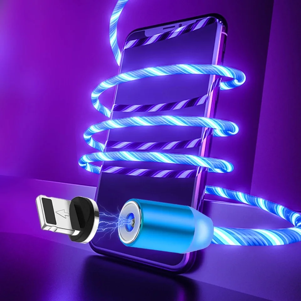 Магнитный usb-кабель 1 м светодиодный светящийся кабель Micro USB type C для мобильного телефона Xiaomi mi9 samsung яркий зарядный Шнур для iPhone
