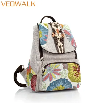 

Veowalk Light Grey Women's Small Canvas Backpacks, Ladies Floral Embroidered Rucksacks Woman Back Bag Handmade Back Pack