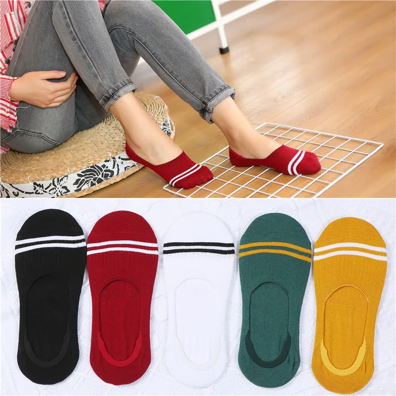 Stripes- 5 Pairs 5 пар/партия, женские летне-осенние забавные короткие Носки с рисунком кота, лисы, кролика, милых животных, фруктов, хлопковые невидимые носки, Прямая поставка - Цвет: Stripes- 5 Pairs