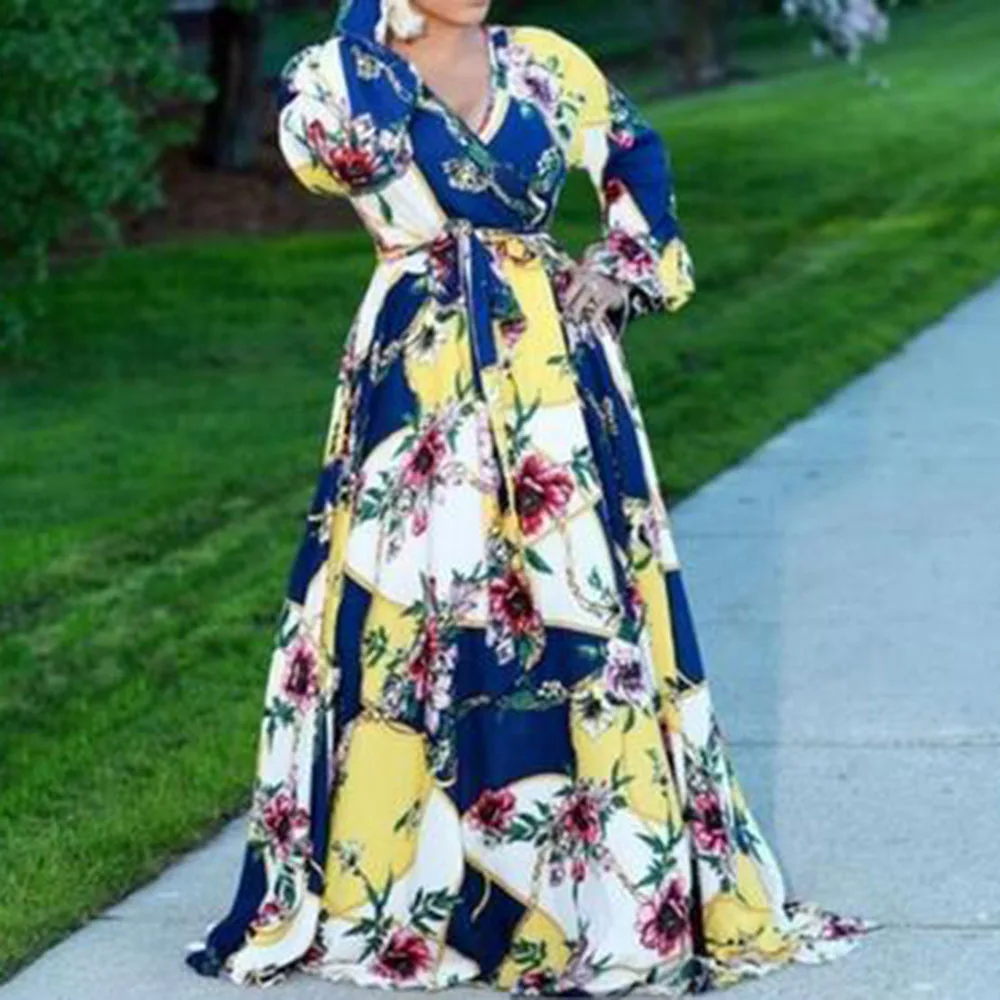 

Loose Summer Women Long Dress Floral Print Prom Party Dresses 2020 African Long Sleeve A-Line Vintage Boho Maxi Vestiods