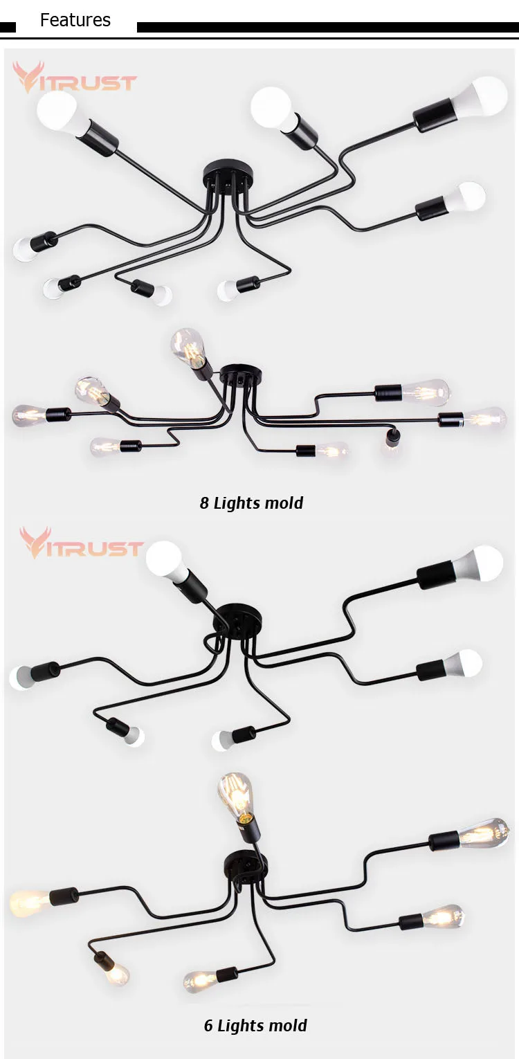 Ретро Потолочные светильники несколько стержней кованого железа освещение потолочный светильник светильники винтажные промышленные гостиной Lamparas De Techo