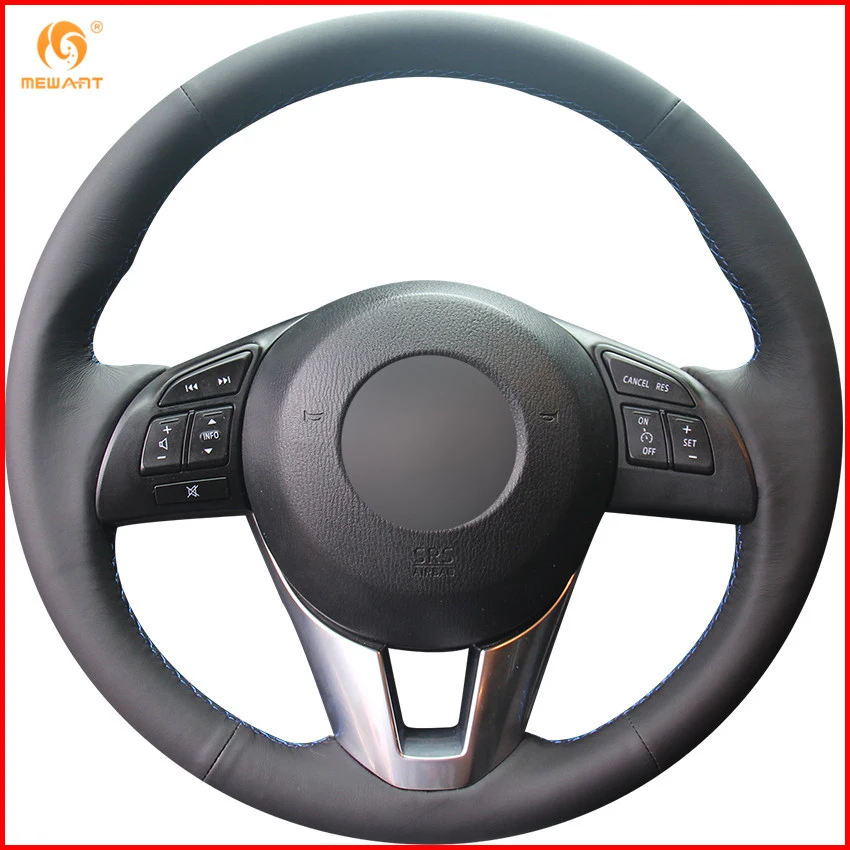 MEWANT Black Genuine Leather Car Steering Wheel Cover for Mazda 3 Axela