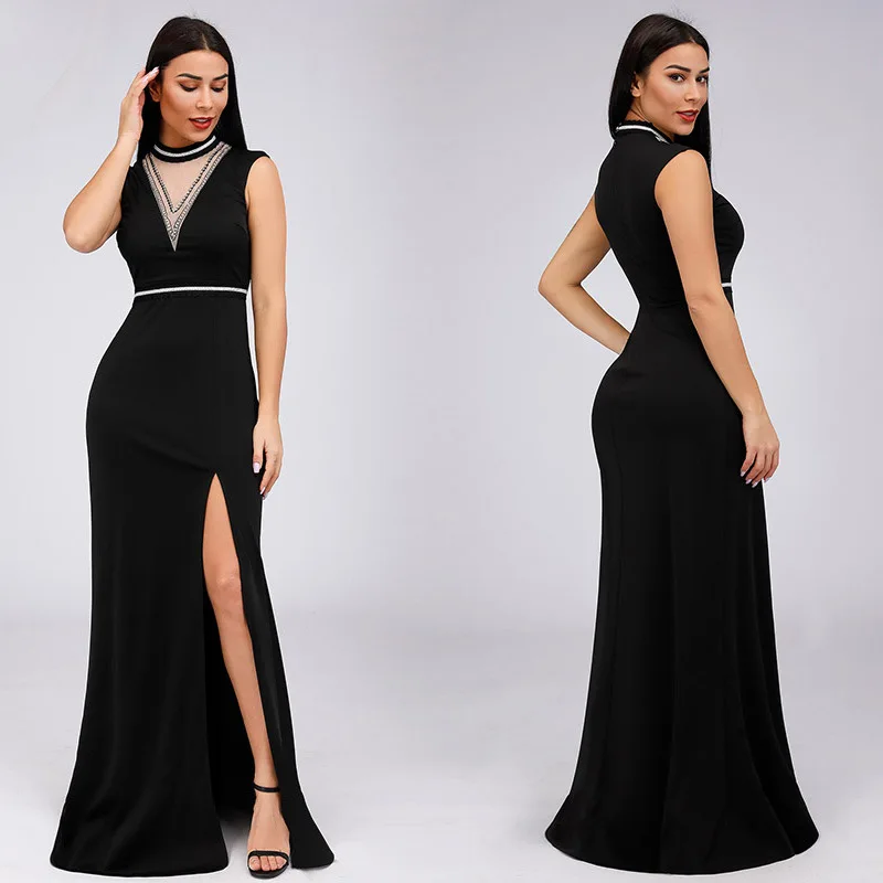 

Ever Pretty Europe And America Crew Neck V-neck Transparent Waist Webbing Slit Hemline at Hem Formal Dress