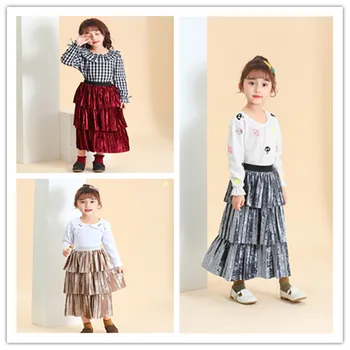 

2-9 Years Kids Skirts Spring Autumn Gold Velvet High Quality Skirt For Girls Fashion Cake Pleated Skirt Baby Children Skirts New