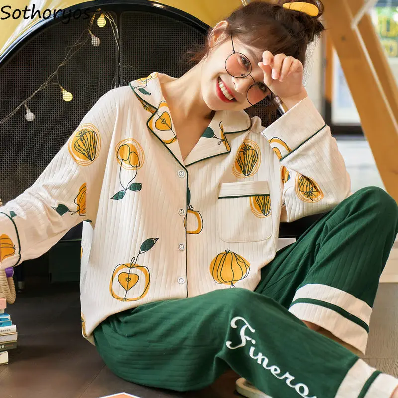 

Letter Printed Women Pajama Sets Cartoon Kawaii Turn-down Collar Long Sleeve Spring Homewear Fashion Chic Soft Leisure Ulzzang