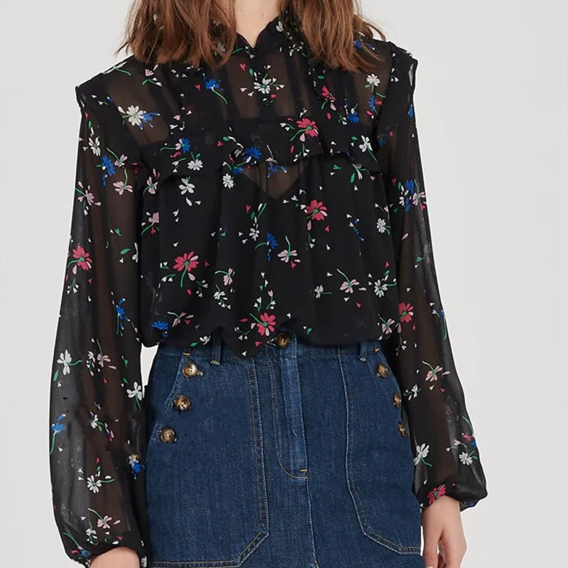

Ladies Black Blouse Sweet Floral Print Ruffles Puff Sleeve Two Pieces O-neck Shirt Women Tops Autumn Winter