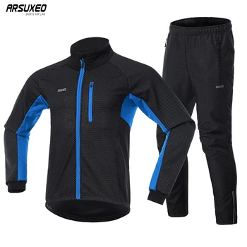 

ARSUXEO Men Winter Thermal Cycling Jacket Set Windproof Waterproof Warm Bike Jacket MTB Pant Bicycle Suit Cycling Clothing