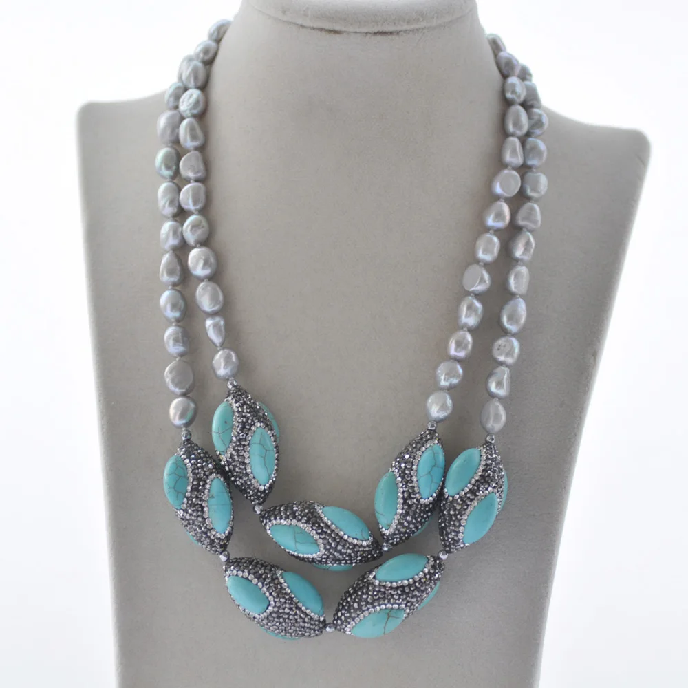 

MCT·STAR Z10566 2row 19" 30mm Gray Baroque Pearl Turquoise Shuttle CZ Necklace