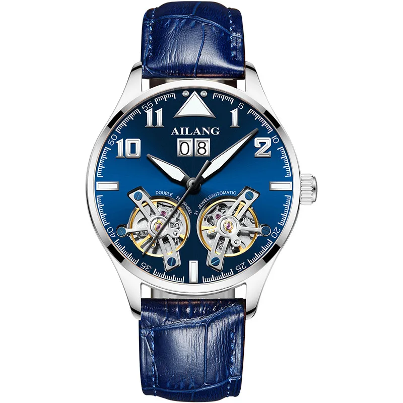 Часы с двойным турбийоном AILANG, Мужские автоматические часы, модные мужские механические наручные часы с кожаным ремешком, мужские часы - Цвет: Blue Silver