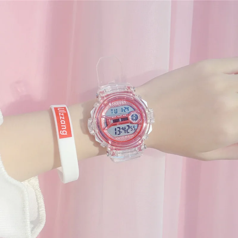 

Electronic Red Style Digital Watch Womenes Shock Sports Watches Waterproof Shockproof Female Clock Transparent Lady Wristwatch