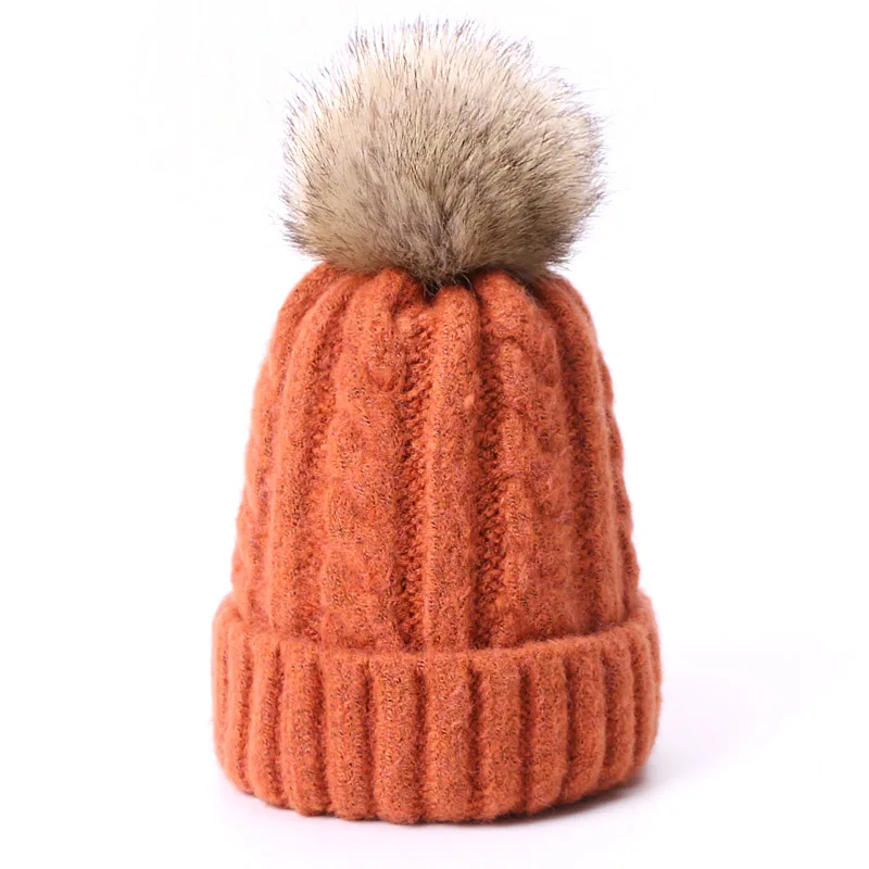 Faux Fur Pompon Beanie Hat For Women Children Winter Wool Crochet Caps For Baby Boys Girls Skullies Beanies Solid Color Ski Cap - Цвет: E