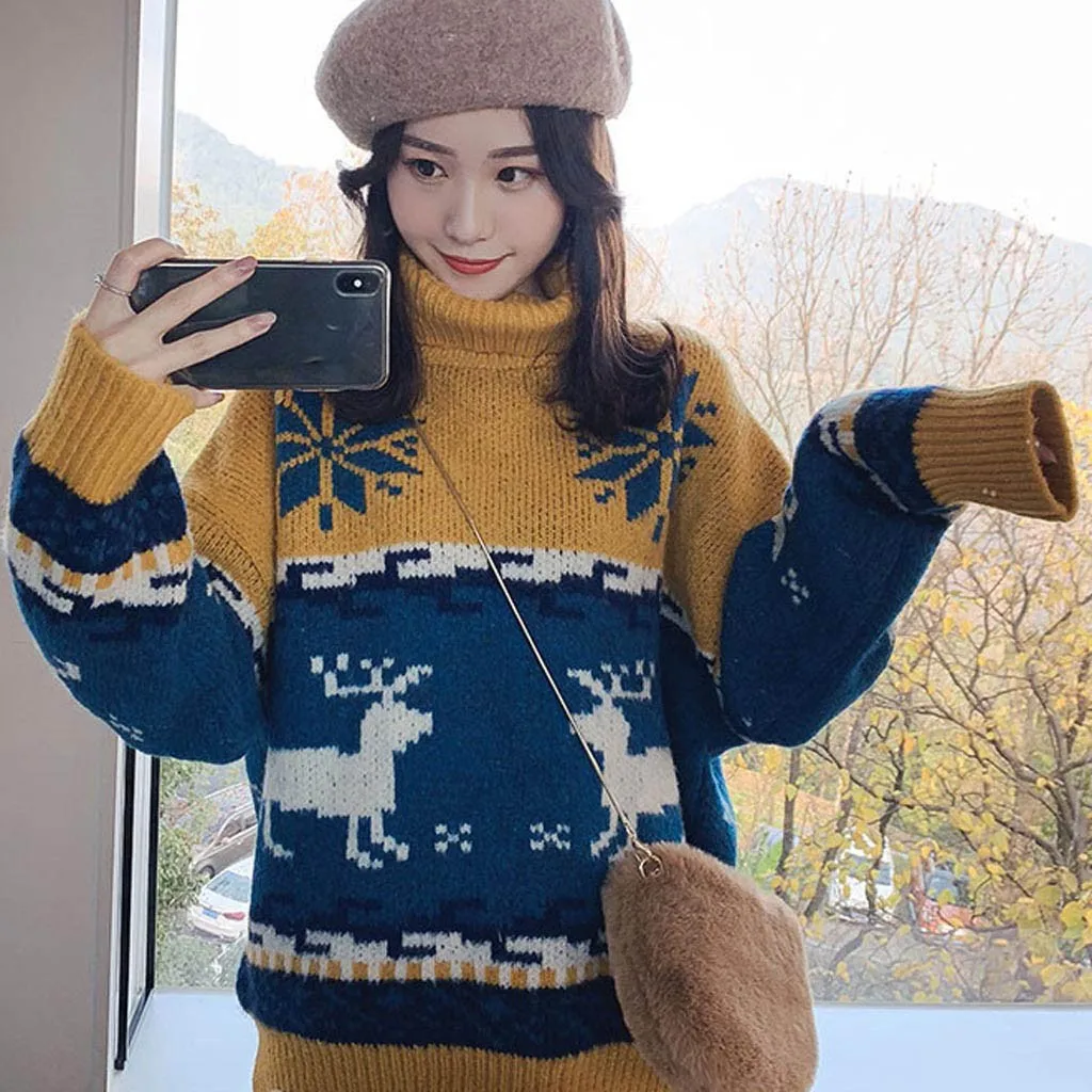 Pull femme nouveaute, Рождественский свитер для женщин, круглый вырез, длинный рукав, веселый принт с рождественским лосем, вязаный свитер, пуловер, Джерси