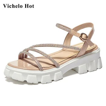 

Vichelo Hot 2020 new summer shiny shoes peep toe high heels rhinestone Korean street pretty girls dating party sandals women L69