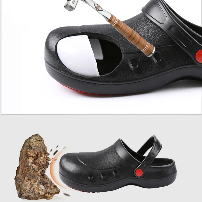 New Chef Shoes Black Anticollision Steel Head Cook Slippers Nonslip