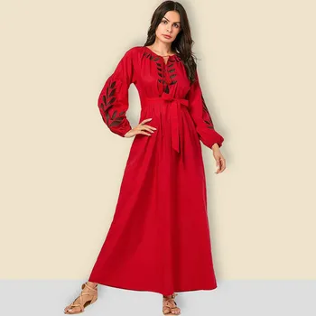 

Fashion Muslim Dress Long Sleeve Emboridary with Belt Maxi Dress Muslim Clothing Red Long Robes Tunic Middle East Ramadan Arab