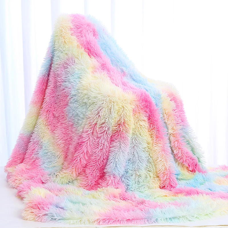 Blanket Soft Rainbow Plush Super Bedding Sofa Cover Furry Fuzzy Fur Warm Throw 