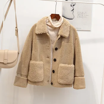 

2019 Autumn winter plush lapel jacket women's single-breasted lamb fur warm jacket ladies artificial fur OL commute jacket