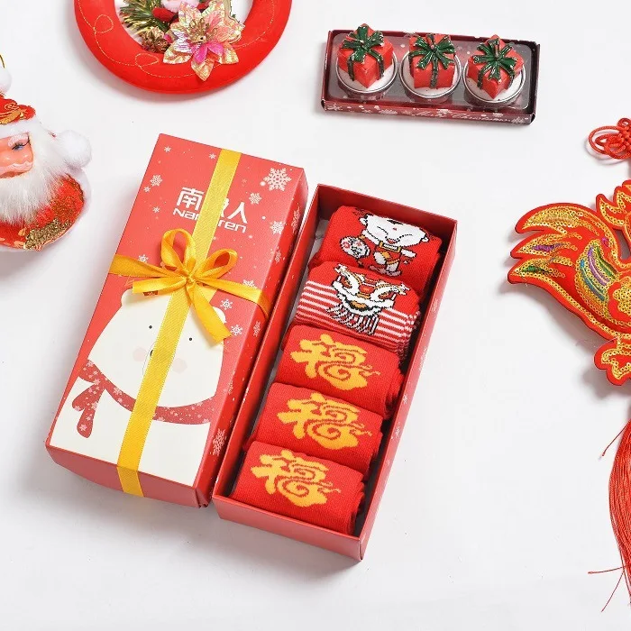 

New Style Gift Box Cartoon Cotton Children Crew Socks Comfortable Fortune Festive Red Blessing Socks Bright Red Socks