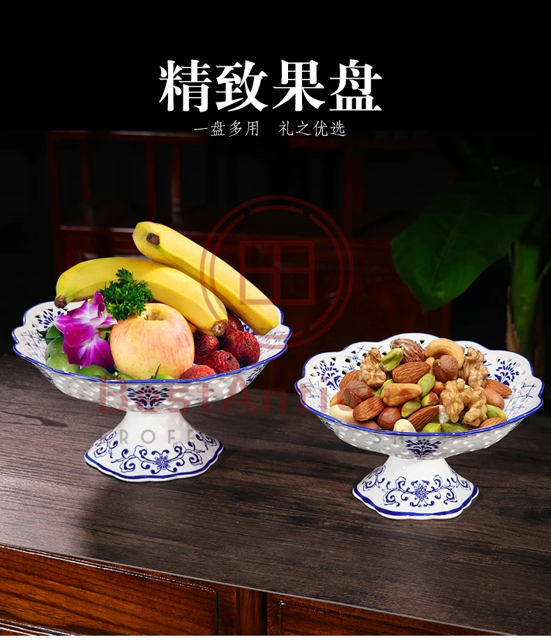 

Jingdezhen Ceramics Craft Supplies Handmade Traditional Craft Home Decoration New Blue and White High Feet Ceramic Fruit Plate 2