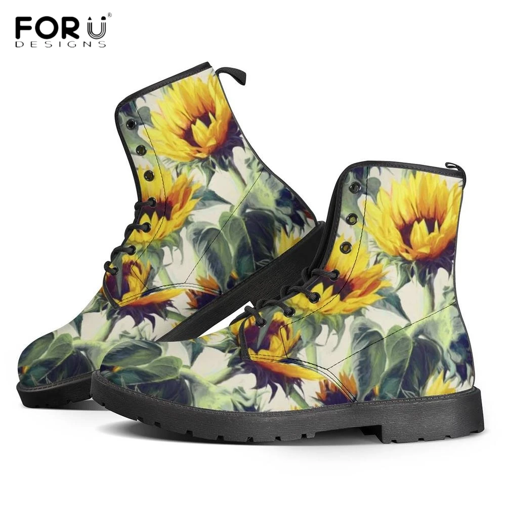 

FORUDESIGNS Yellow Flower Sunflower Floral Pattern Woman Winter/Autumn Boots Round Toe Ankle Female Motorcycle Boots Flats Shoes