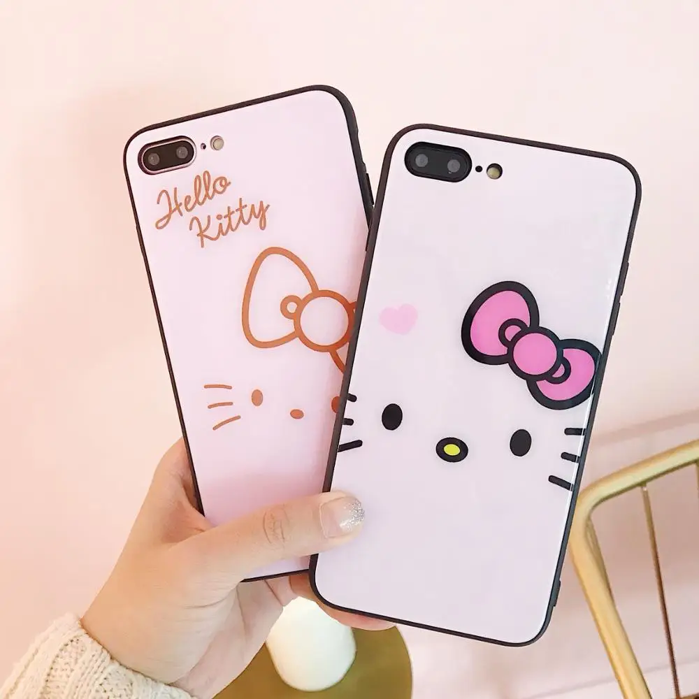 

Lovely Cartoon Hello Kitty Tempered Glass Mobile Phone Case For Iphone 6 6S Plus 7 8 Plus X XS XR XSMAX Anti Knock Fitted Cover