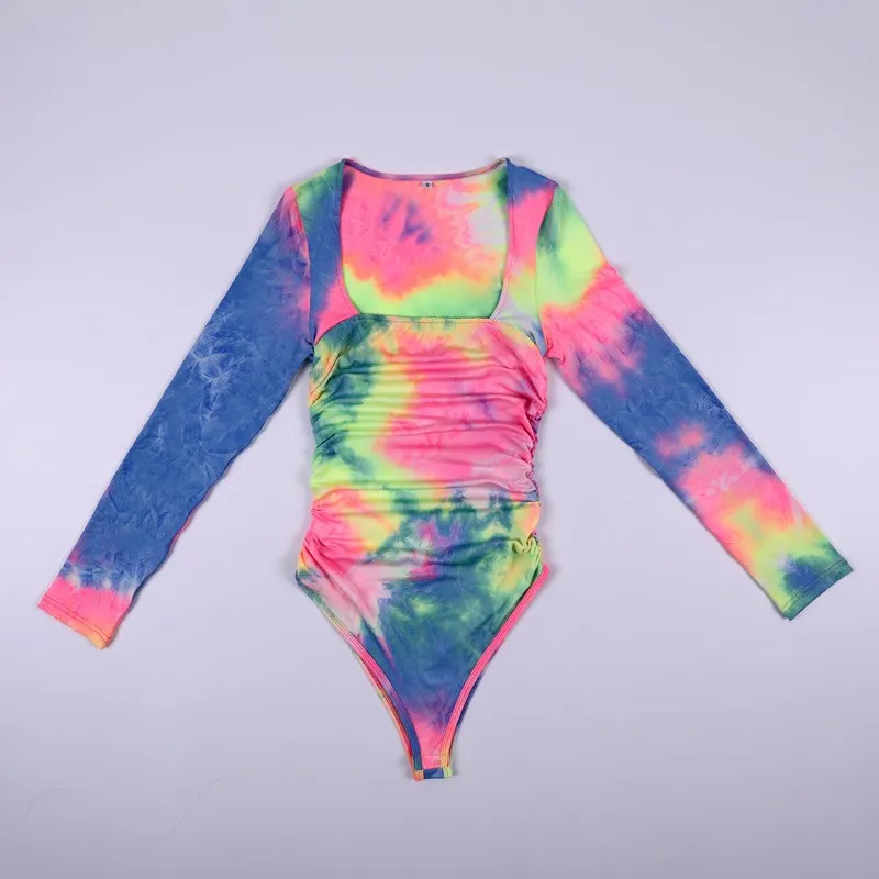 Сексуальный Tie Dye с принтом спинки боди стрейч квадратная Шея плиссированный сексуальный клубный комбинезон вечерние с длинным рукавом Облегающий комбинезон Femme