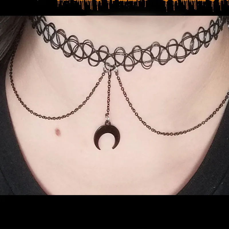 Moon Gothic Chains O Ring Choker Black Moon Necklace, Crescent Moon Pendant - Image 6