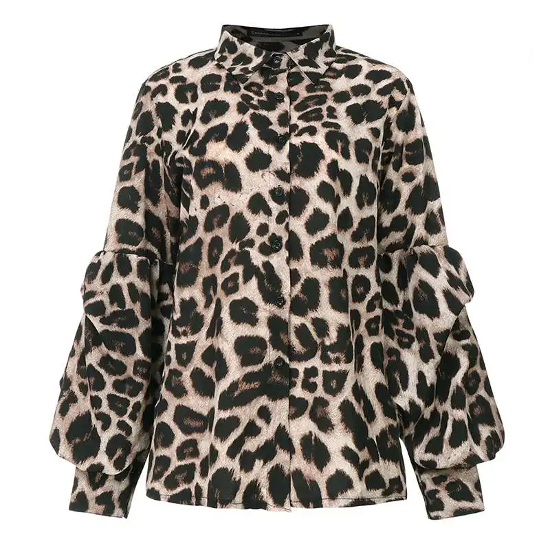 Модная женская осенняя рубашка с рукавом-фонариком, сексуальные блузки с леопардовым принтом, S-5XL, женские повседневные свободные блузы на пуговицах 7 - Цвет: Хаки