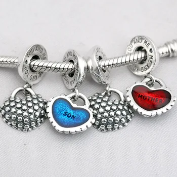 

Original Blue Enamel Two Halves Love Heart MOTHER & SON Pendant Beads Fit 925 Sterling Silver Charm Pandora Bracelet DIY Jewelry