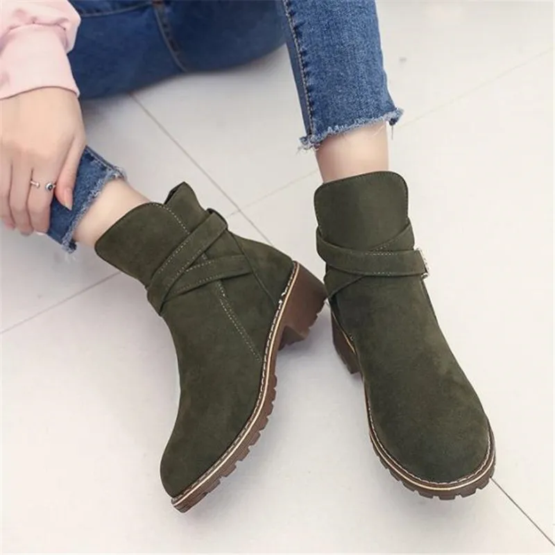 

2019 occident round head quality cow suede knight boots short tube thick with buckle women's boots plus velvet warm winter boots