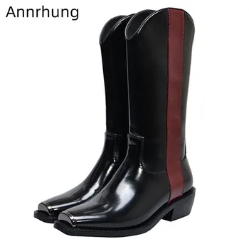 

2020 Autumn Spring Boots Women Elegant Square Toe Med Square Heel Party Bottes Black Genuine Leather Classic Riding Boots Woman