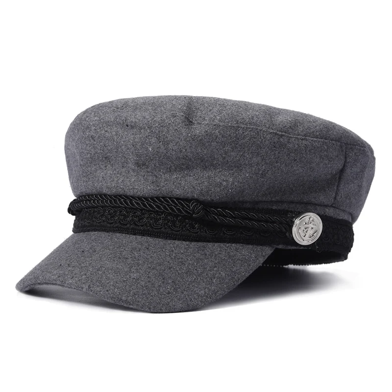 Gray Модная восьмиугольная шляпа Осенняя головной убор моряка Женская Мужская Черная серая плоская верхняя женская дорожная Кепка берет - Color: Gray